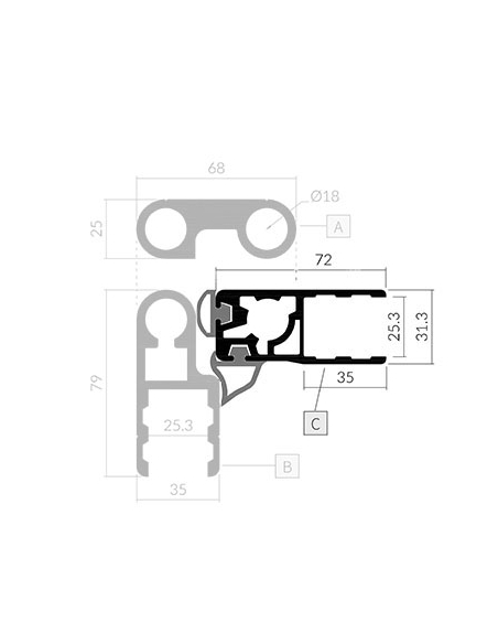 PERFIL BISAGRA PUERTA EXTERIOR ALIGERADO A PARTIR DE 2750 MM (4 NUDOS)